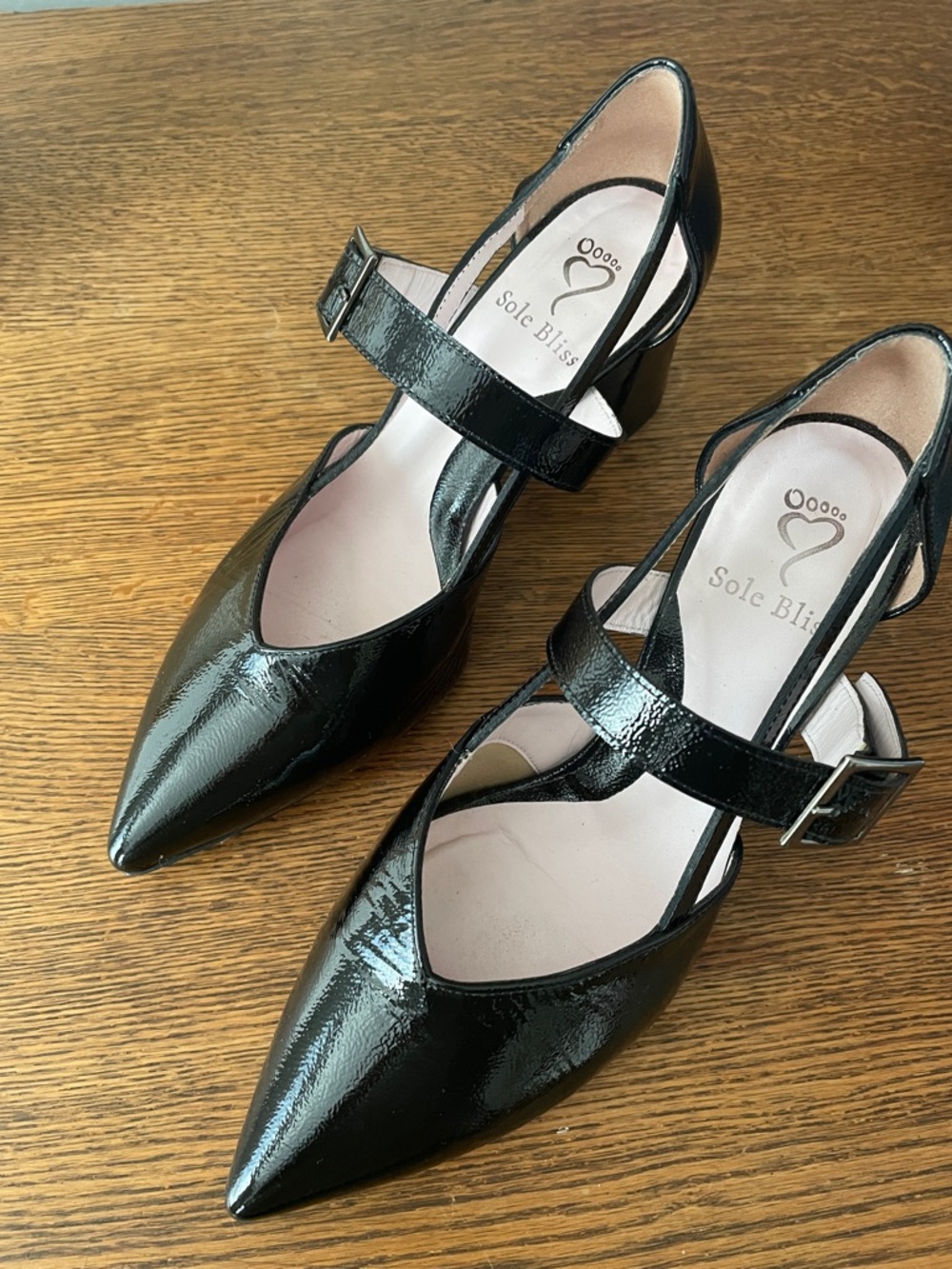 Sole Bliss Black Patent Leather Pointed Mary Jane Heels